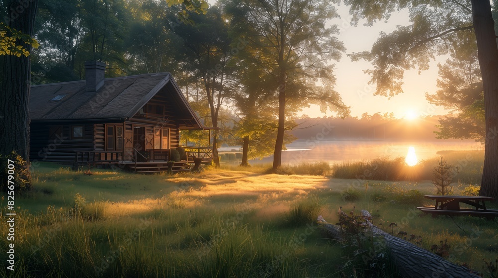 Rustic Cabin by Misty Lake at Sunrise. Rustic cabin by a misty lake during sunrise, surrounded by trees and bathed in soft, golden light. Rustic Cabin by Misty Lake at Sunrise. Rustic cabin by a misty lake during sunrise, surrounded by trees and bathed in soft, golden light.