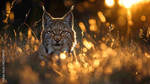 The forest bathed in soft, golden light as the sun sets, with a lynx silently prowling through the underbrush photo