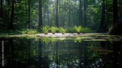 Sunlight breaking through the dense forest canopy, highlighting a tranquil pond where frogs croak peacefully photo
