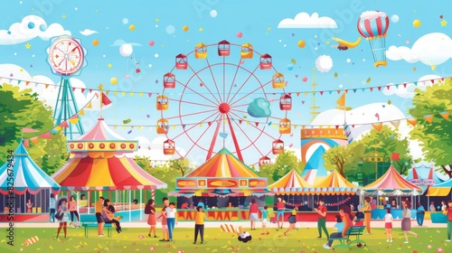 Lively summer vector scene featuring a fairground with a Ferris wheel, cotton candy, and people enjoying various rides and games