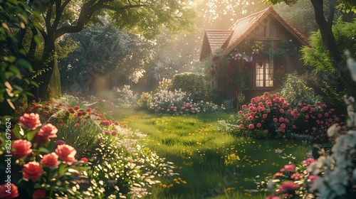 Idyllic Cottage Garden with Morning Sunlight. Idyllic cottage garden illuminated by morning sunlight, featuring blooming flowers, lush greenery, and a charming wooden house.