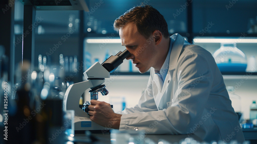 Scientist examining a sample under a microscope in a lab Scientist examining a sample under a microscope in a lab