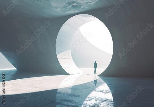 Minimalist scene with a man walking towards a portal in a futuristic architecture, creating a sense of anticipation and wonder. photo