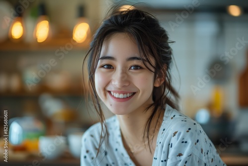 Smiling Asian Woman in Pajamas at Kitchen. Eastern Asian woman in spotted pajamas smiling warmly in a cozy kitchen, creating a welcoming and joyful home atmosphere.