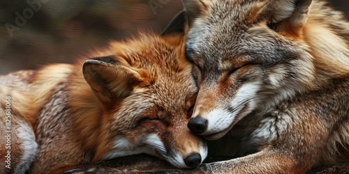 wolf and fox cuddle together, generative AI