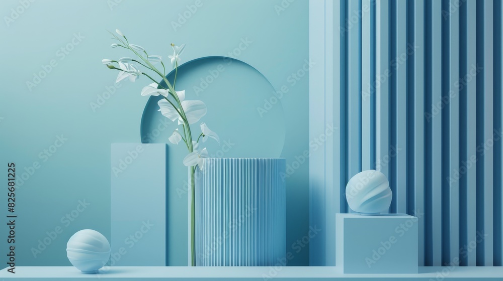 A 3D rendering of geometric shapes in Pantone arranged in a minimalist display with clean lines and a modern aesthetic A 3D rendering of geometric shapes in Pantone arranged in a minimalist display with clean lines and a modern aesthetic