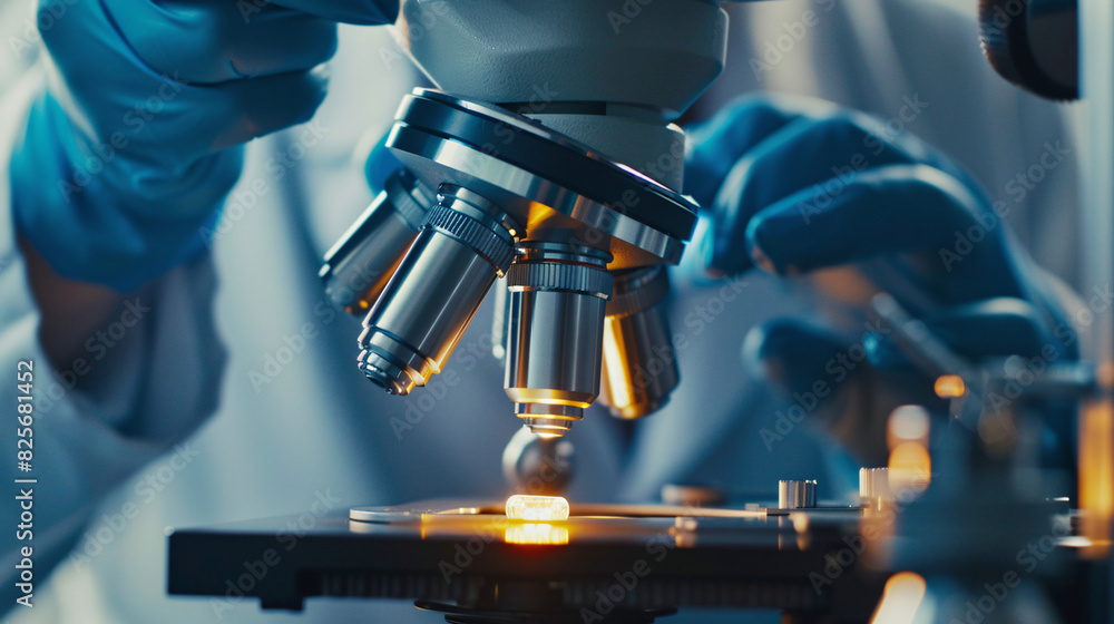 Scientist analyzing a sample with a microscope in a laboratory Scientist analyzing a sample with a microscope in a laboratory