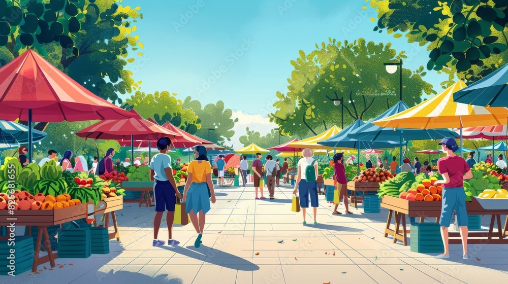 Bright and festive summer vector image with a bustling farmer's market, stalls filled with fresh produce, and people shopping under colorful umbrellas Bright and festive summer vector image with a bustling farmer's market, stalls filled with fresh produce, and people shopping under colorful umbrellas
