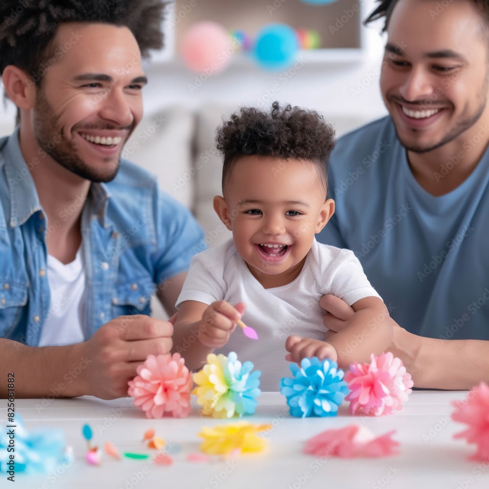 Joyful moment as a multiracial gay couple engages with their toddler son, playing with colorful toys in a bright living room Joyful moment as a multiracial gay couple engages with their toddler son, playing with colorful toys in a bright living room