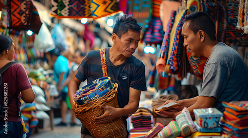 Dynamic Market Negotiation: Two Individuals Bargaining Over Handmade Crafts in a Colorful Marketplace photo