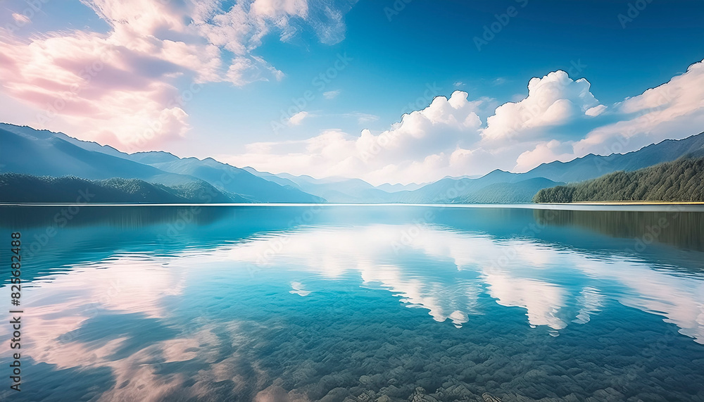 美しい山間の湖・湖畔の風景　湖面に反射する青空と雲と夏のイメージ　アウトドア・夏休み・旅行・観光・バカンス・リラクゼーションのイメージ背景