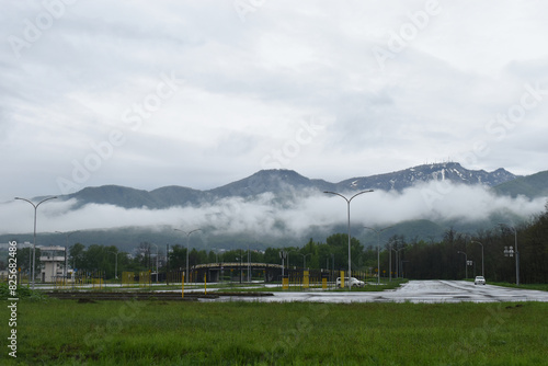 Sapporo Teine driver license examination center with the misty Teine mountain range on the background in Sapporo Hokkaido Japan