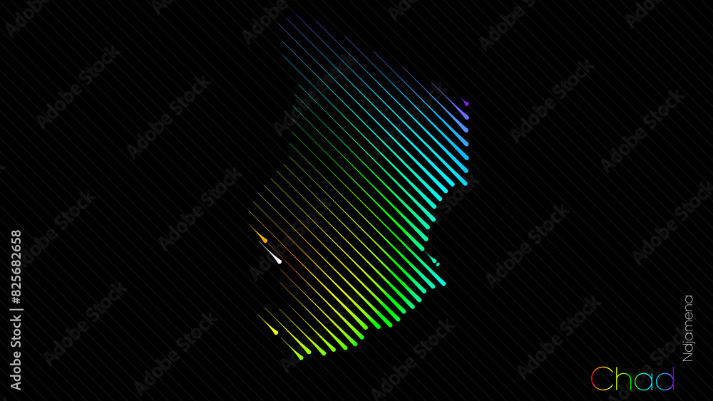 A map of Chad is presented in the form of colorful diagonal lines against a dark background. The country's borders are depicted in the shape of a rainbow-colored diagram. A map of Chad is presented in the form of colorful diagonal lines against a dark background. The country's borders are depicted in the shape of a rainbow-colored diagram.