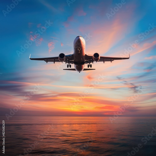 passenger airplane flying over the ocean at sunset with clear blue skies and a colorful sky in background