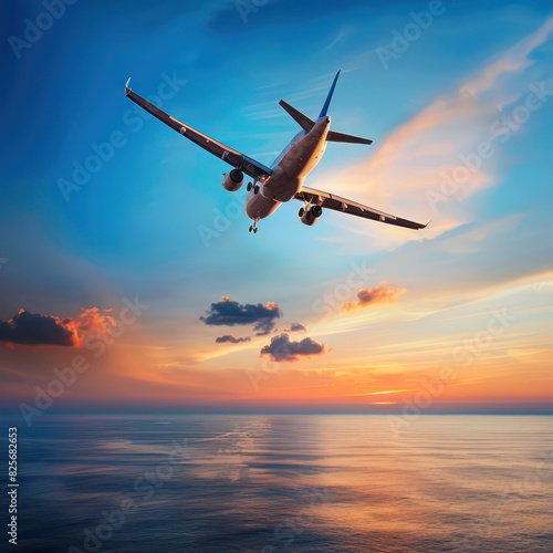 passenger airplane flying over the ocean at sunset with clear blue skies and a colorful sky in background