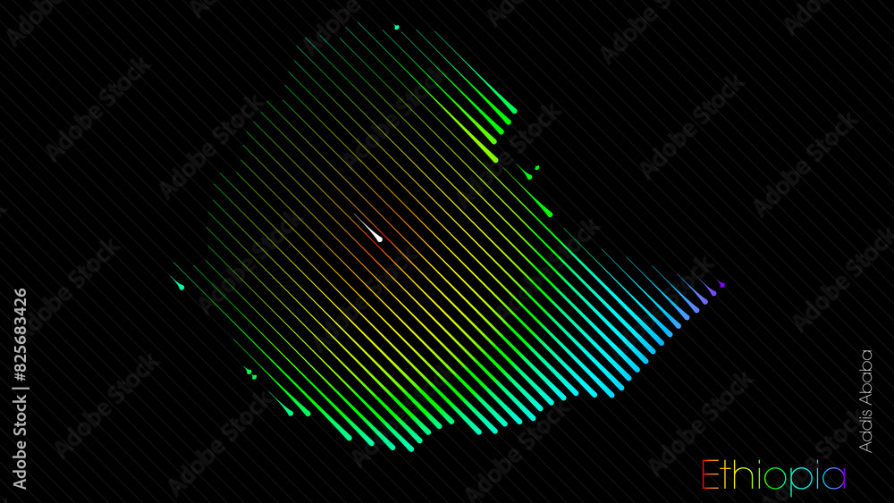 A map of Ethiopia is presented in the form of colorful diagonal lines against a dark background. The country's borders are depicted in the shape of a rainbow-colored diagram. A map of Ethiopia is presented in the form of colorful diagonal lines against a dark background. The country's borders are depicted in the shape of a rainbow-colored diagram.