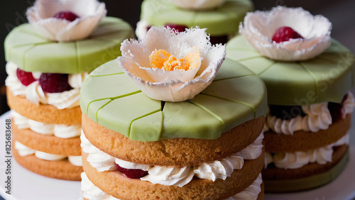 Iconic Swedish Princess layer cake with soft sponge whipped cream and raspberry jam. Covered with green almondy marzipan photo