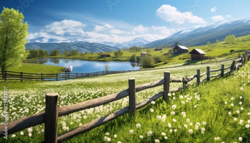 A stunning spring day landscaping views of fertile land surrounded beautiful green vegetation, wide stretches of hills and mountains with clear skies in spring