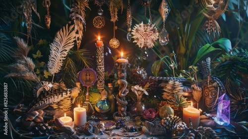 A spellbinding still life composition capturing the essence of shamanic magic and ritualistic practice. A ceremonial witchcraft staff, adorned with feathers, crystals,  photo