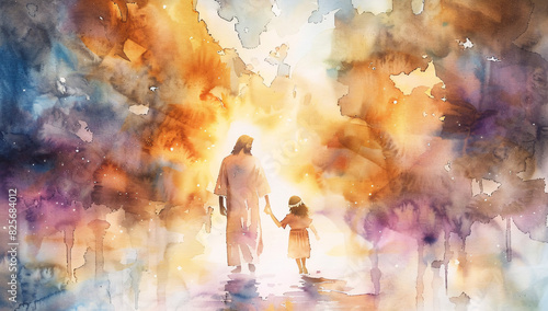 Watercolor painting of Jesus walking with a little girl photo