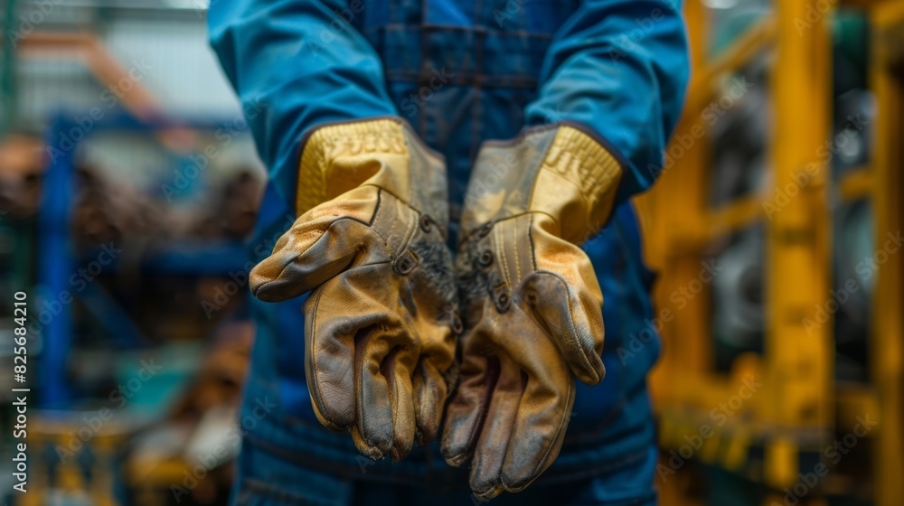 A worker holding up a pair of heavyduty gloves for their colleague to inspect before beginning their shift.