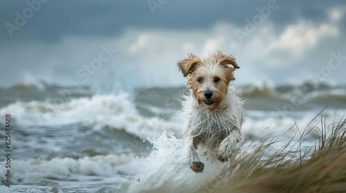 süßer Hund am Meer holländische Nordseeküste im wind; rennt tobt und spielt photo