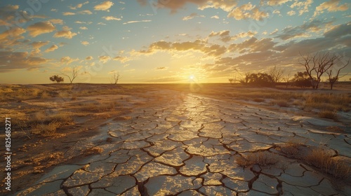 A sobering image capturing the stark reality of global warming's impact on the outback, with cracks and dryness marring the once-thriving landscape, illustrating the urgent need for climate action  photo