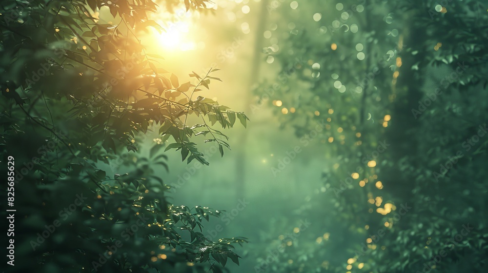 forest, a bright light in the distance, a heartwarming feeling, dark green and light tones