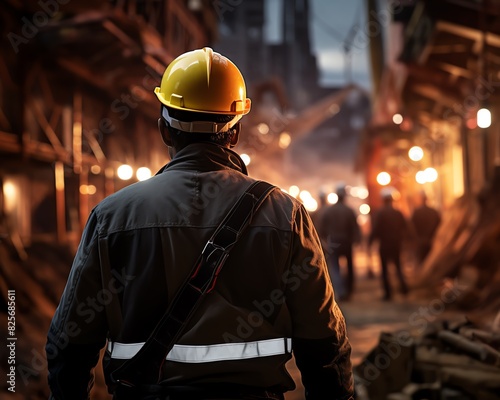 Construction safety officer inspecting site, HDR quality, highresolution, safety helmet, ensuring safety measures, detailed construction background photo