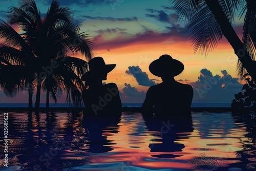 Silhouette of a couple wearing sun hats sitting by the pool at sunset  with a tropical island background  rendered