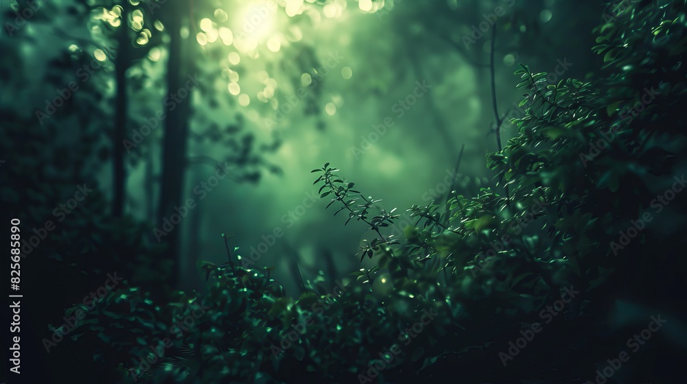 Obraz premium forest, a bright light in the distance, a heartwarming feeling, dark green and light tones