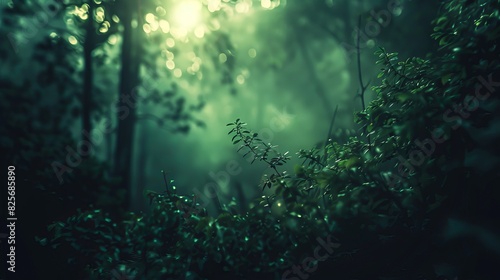 forest  a bright light in the distance  a heartwarming feeling  dark green and light tones