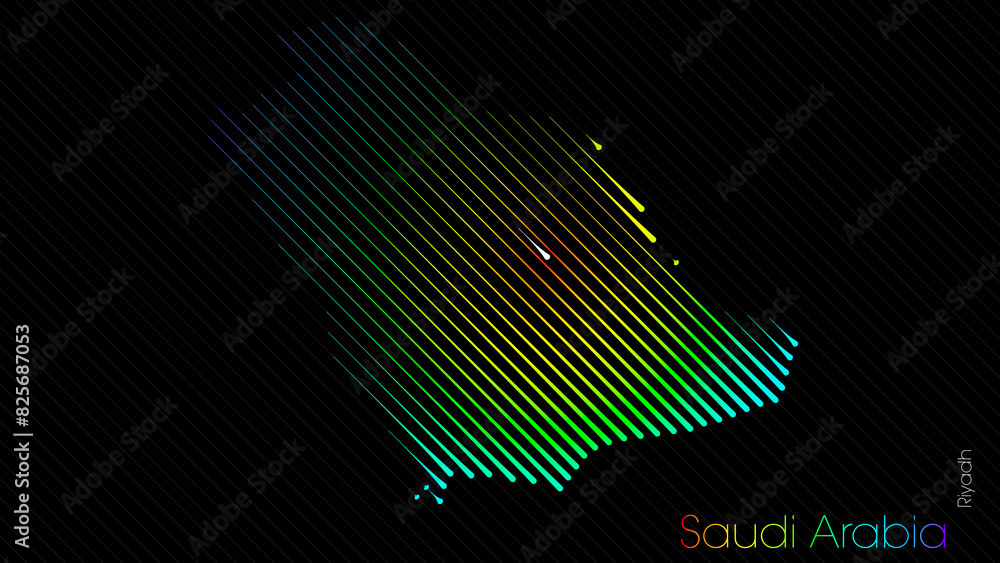 A map of Saudi Arabia is presented in the form of colorful diagonal lines against a dark background. The country's borders are depicted in the shape of a rainbow-colored diagram. A map of Saudi Arabia is presented in the form of colorful diagonal lines against a dark background. The country's borders are depicted in the shape of a rainbow-colored diagram.