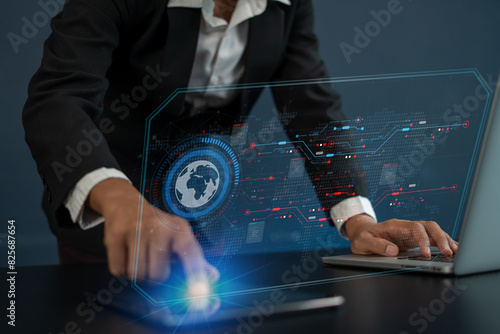 Businessman using ai technology for data analytics, Artificial Intelligence generate. Global business structure of networking. Analysis and data exchange customer connection