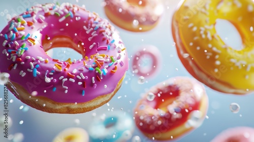 assortment of vibrant donuts floating in the air on a white backdrop