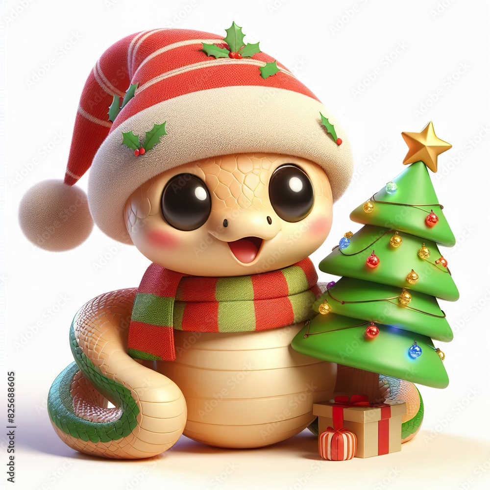 Animated character 3D image of cute, kind, little snake in a hat with a decorated christmas tree. composition in a ball on a white background. Animated character 3D image of cute, kind, little snake in a hat with a decorated christmas tree. composition in a ball on a white background.