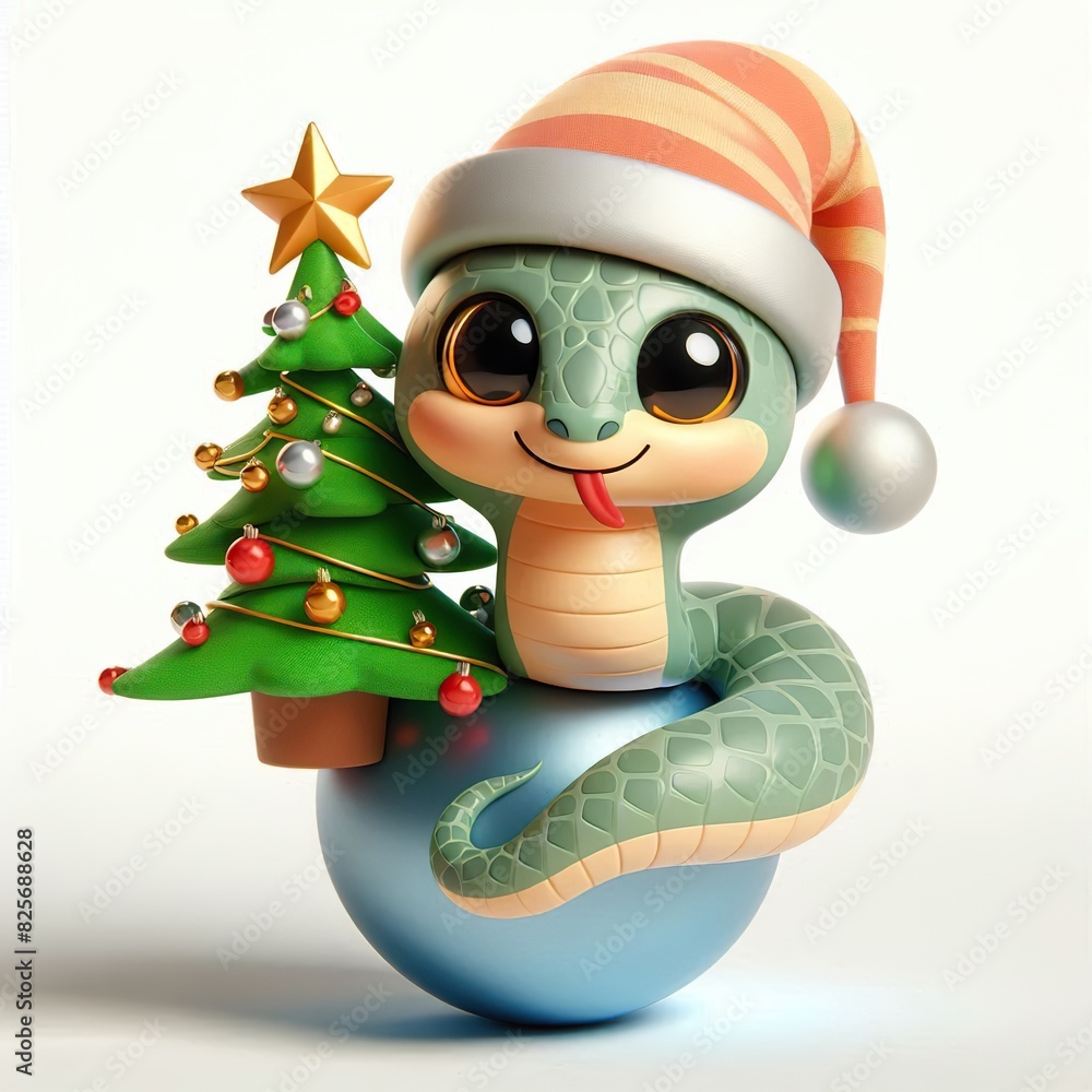 Animated character 3D image of cute, kind, little snake in a hat with a decorated christmas tree. composition in a ball on a white background. Animated character 3D image of cute, kind, little snake in a hat with a decorated christmas tree. composition in a ball on a white background.