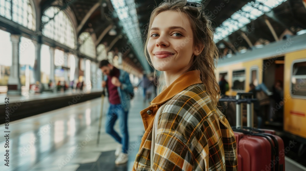 Fototapeta premium woman young male traveler in train station with trolley suitcase, looking at camera. 