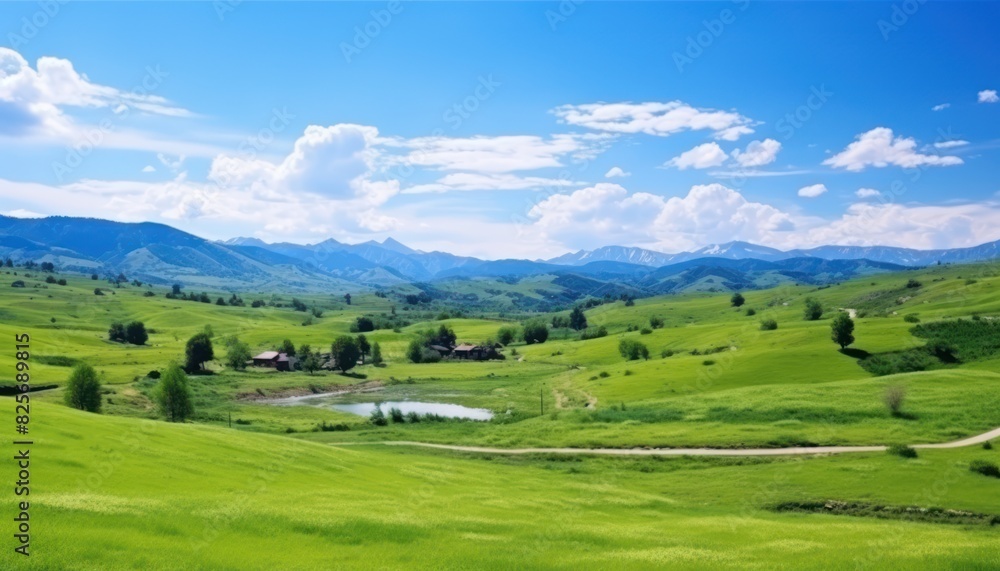 A stunning spring day landscaping views of fertile land surrounded beautiful green vegetation, wide stretches of hills and mountains with clear skies in spring