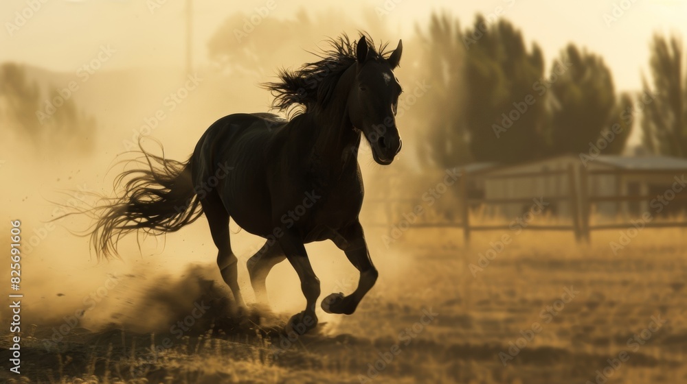 A black horse races through a dusty town its mane and tail flying behind it as if its chasing a dream. A black horse races through a dusty town its mane and tail flying behind it as if its chasing a dream.