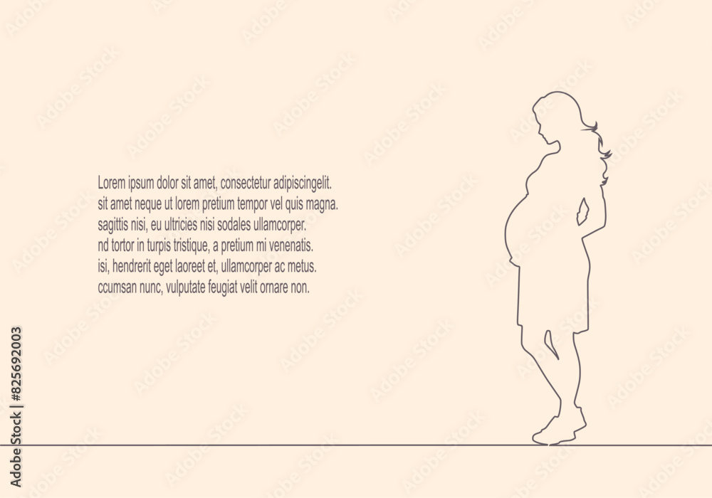 Pregnant woman thin line silhouette with field for text. Motherhood sign. Pregnancy concept banner Pregnant woman thin line silhouette with field for text. Motherhood sign. Pregnancy concept banner
