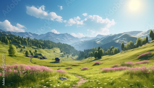 A stunning spring day landscaping views of fertile land surrounded beautiful green vegetation, wide stretches of hills and mountains with clear skies in spring