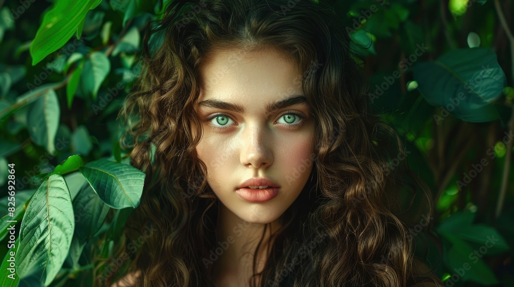 A Portrait Of A Beautiful Young Girl With Long Curly Hair Standing Against A Lush Green Background, Her Eyes Sparkling With Life, Hd Images