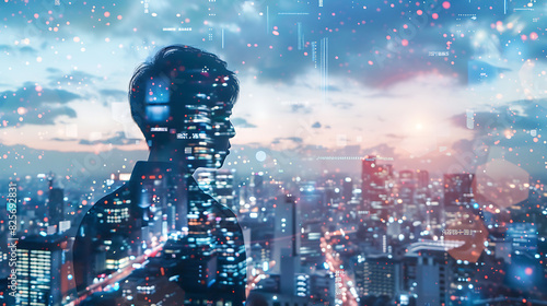 Double Exposure Image of Business Person on modern city background. Future business and communication technology concept. Generative AI illustration  photo