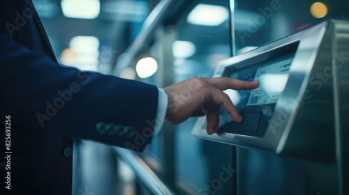 The hand of a businessman using biometric object ware technology to scan a paper card and digital ticket on a smart glass panel at a security check gate in an airport, in a close up photo