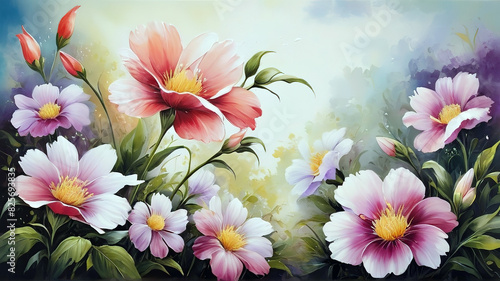 Spring flowers painted with oil paints on canvas