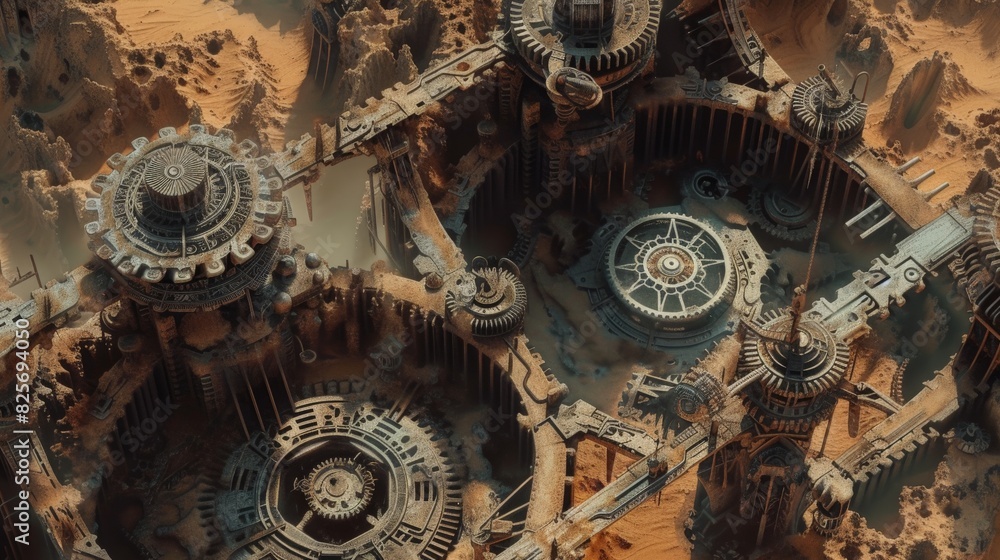Delve into a world of steampunk wonder with a mesmerizing map showcasing the rugged terrain and industrial marvels of a desert landscape, complete with intricate gears, cogs, 