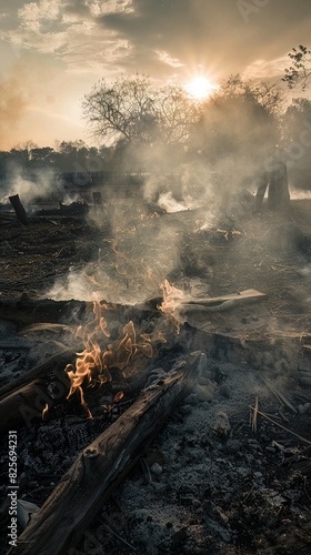Burn pits at the perimeter of an encampment  creating a smoky barrier against wild animals and enemy scouts