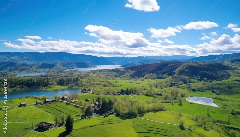 A stunning spring day landscaping views of fertile land surrounded beautiful green vegetation, wide stretches of hills and mountains with clear skies in spring