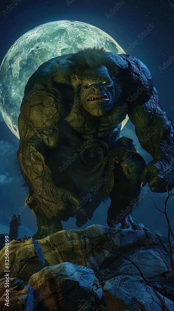 Animated 3D ogre under a full moon, fantasy horror, space for video game release announcements